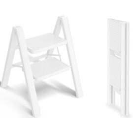 SOLADDER Step Stool, 2 Step Ladder with Anti-Slip and Wide Pedal, Portable Iron Foldable Stepladder for Home and Kitchen, 300lbs - White