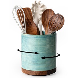 MIKIGEY Utensil Holder, 360° Rotating Extra Large Ceramic Kitchen Utensil Holder for Countertop, Cooking Utensil Crocks for Counter with Rotatable Wooden Base, Farmhouse Kitchen Decor, Green