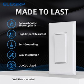 ELEGRP 3 Way Decorator Light Switch, 15Amp, 120-277 Volt, AC Rocker Paddle Wall Switch Replacement, Self-Grounding, Residential Grade, Screwless Wall Plate, UL Listed (10 Pack, Glossy White)