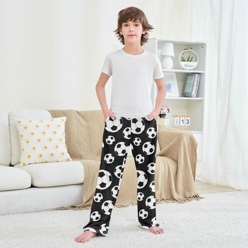 Boys Pajama Pants Traditional Black White Soccer Ball Elastic Waist