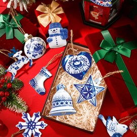 40 Pieces Christmas Chinoiserie Ornaments Blue and White Porcelain Christmas Wooden Ornaments Hanging Chinoiserie Christmas Ornaments Bird Tree Snowflake Deer Porcelain Ornament for Xmas Tree