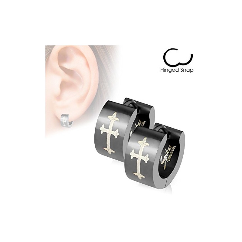 Folding Creole Earrings Cross Black Men Women Stainless Steel Cross
