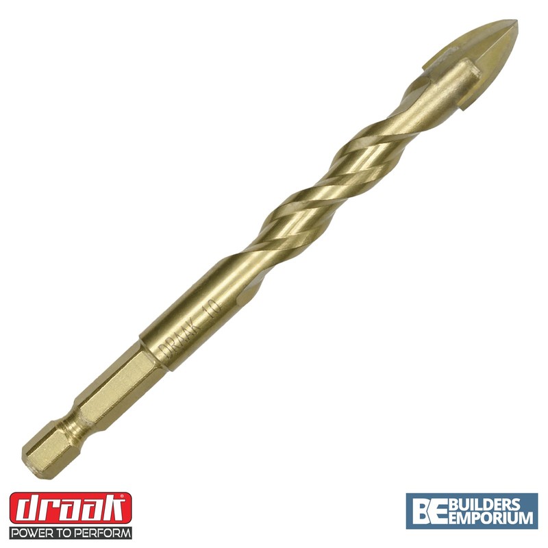 Draak 10mm Tile 4 Point Carbide Twist Spiral 1/4 Hex
