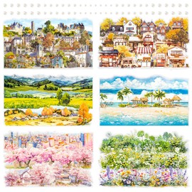 6 Packs Watercolor Scrapbook Sticker - Clear PET Strips in Nature, City, Cherry Blossom & Ocean Themes 55×180mm Decorative Stickers for Journals, Planners, Crafts, Collage & Card Making (Rhea)
