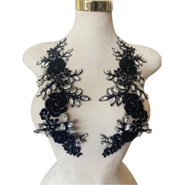 Jpumley. Pksn Handmade Rhinestones on Lace Applique Trim Sewing Beads Sequins Trim Patches for Wedding Dress Accessories 1Pair/Bag 6X14inches (Black Silver)