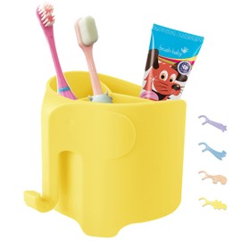 Hippywell Kids Toothbrush Holder, Cute Elephant Toothbrush Holders for Toddler, Toothbrush Toothpaste Holder for Bathroom, Toothbrush Organizer with 3 Slots and a Hook, Yellow