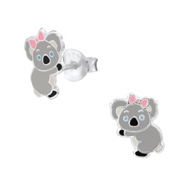 Monkimau Girls' Koala Stud Earrings 925 Sterling Silver with Bow, Sterling Silver, No Gemstone