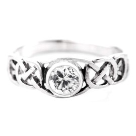 Celtic TÂMIA Women's Ring 6 mm Diamond Crystal Bohemia Friendship Ring 925 Sterling Silver, Sterling Silver, Cubic Zirconia