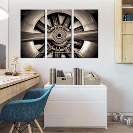 KLVOS 3 Panel Airplane Propeller Canvas Wall Art Retro Aircraft Engine Engineering Closeup Picture Vintage Plane Decor Giclee Prints Modern Home Decals Framed For Office Ready to Hang 16"x32"x3