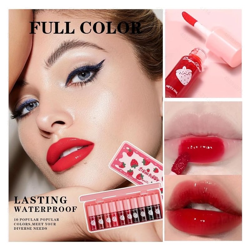 Strawberry Lip Tint Set, 10 pcs, Waterproof, Long-Lasting, High Pigment