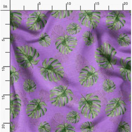 Soimoi Purple Moss Georgette Fabric Monstera Leaves Fabric Prints By metre 42 Inch Wide