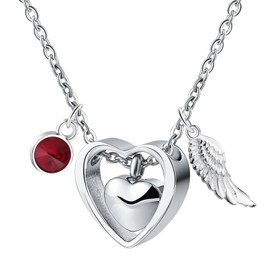 KnSam Stainless Steel Ash Pendant, Drop Heart Necklace with Birthstone Crystal Pendant Angel Wings Urn Pendant Heart Memorial Chain - Silver, Stainless Steel, Cubic Zirconia