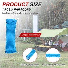 MECCANIXITY 3/8 Inch 90 Feet Polypropylene Rope,Solid Braided Utility Rope All Purpose Boat Marine Cord for Camping,Flag Pole,Clothesline,Outdoor,Sky Blue