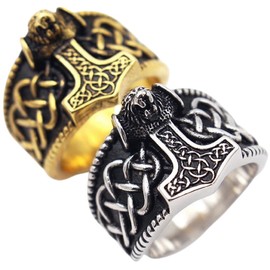 Wolf Ring for Men, Viking Celtic Knot Hammer Ring, Norse Viking Wolf Head Ring, Celtic Wolf Signet Amulet Ring, Howling Wolf Totem Tribal Ring, Punk Animal Wolf Jewelry Gift for Men Boys (S, Gold)