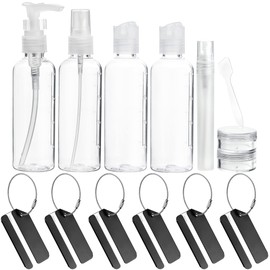 FiveSeasonStuff Travel Bottles 100ml Set 9 Piece (3.5 fl oz) Travel Size Toiletries Leakproof Containers with Bag and Labels (Transparent) (Black)