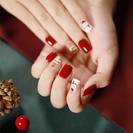 Uñas Postizas Navideñas Cortas Cuadradas Con Diseño De Árbol De Navidad Dorado Y Muñeco De Nieve. Uñas Acrílicas Rojas Navideñas Para Mujeres Y Niñas 