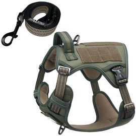 DNALLRINO Tactical Dog Harness with Leash for Medium Large Dogs, Dog Car Leash Seat Belt with 5.5Ft No Pull Shock Absorbing, Dog Harness and Leash Set with ID Card (Green, L)