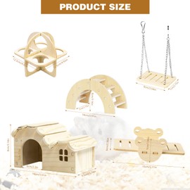 DINTSTYLE Hamster Toys 5-Piece Set ，Hamster House, Swing, Climbing Ladder, Seesaw & Exercise Wheel，Pet DIY Sport Exercise Toys Set, Small Animal Habitat Accessories ，Gerbils, Mice（Natural Wood）