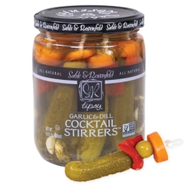 Sable & Rosenfeld Tipsy Garlic & Dill Cocktail Stirrers 16 oz Jar (Pack of 1), Hand-Packed Martini Pickles and Olive Skewers, Kosher, Non-GMO Gluten-Free Cocktail Garnish