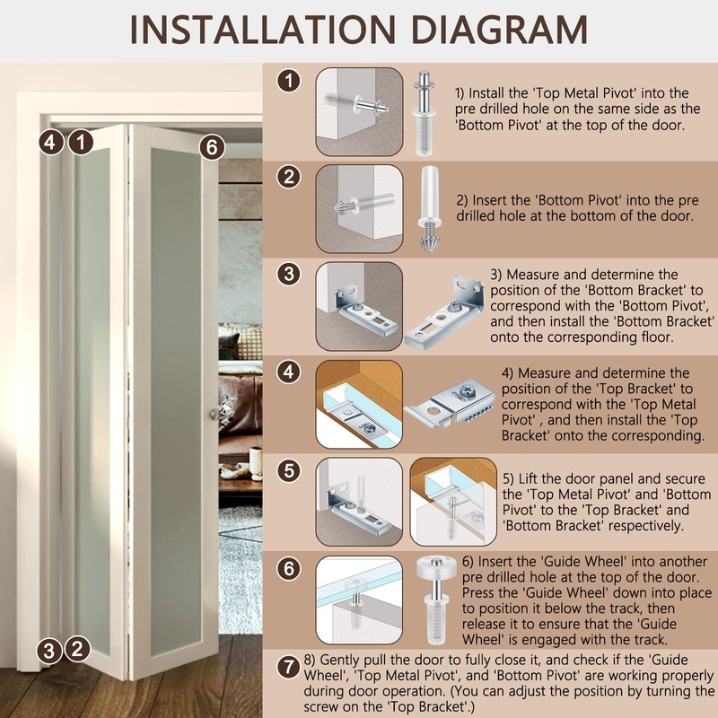 Bifold Closet Door Hardware Kit with Top/Bottom Bracket, Guide Wheel