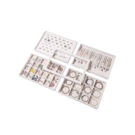 Coward Set of 5 Stackable Jewelry Organizer Tray Necklace Earring Box Storage Ring Bracelet Display Holder (beige(ring+necklace+12girds+24girds+The glass lid))