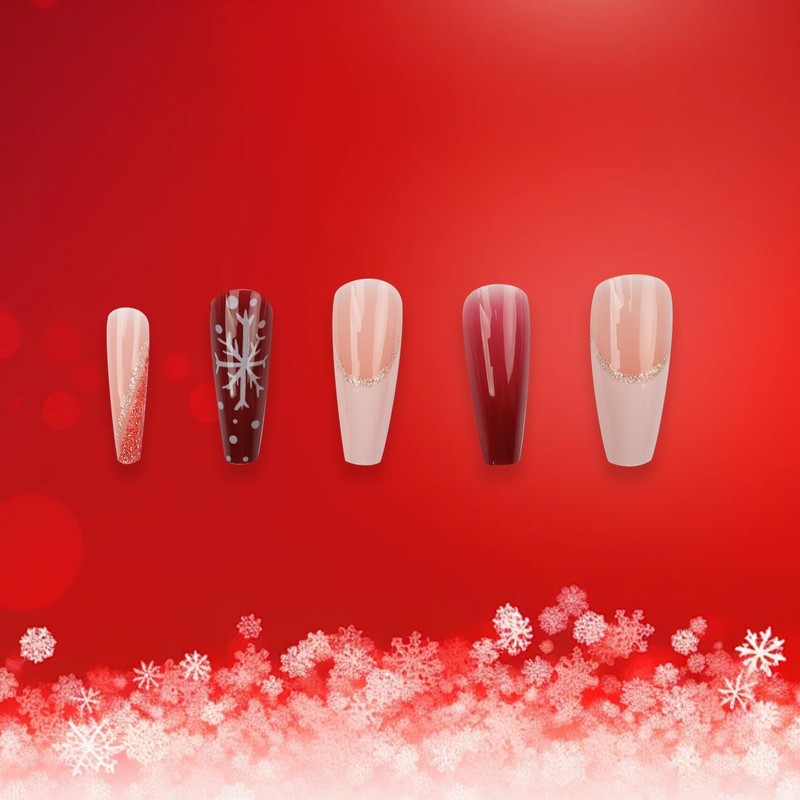 hhdatc Christmas False Nails Kit Red French Tip Snowflake Press