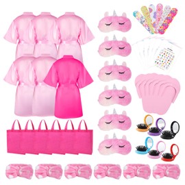 IHFAIO Spa Party Supplies for Girls, 48 Pack Kids Spa Day Kit for Girls, Satin Robes, Unicorn Sleep Masks, Slippers, Gift Bags, Headbands, Sleepover Birthday Party Favors, 6 People