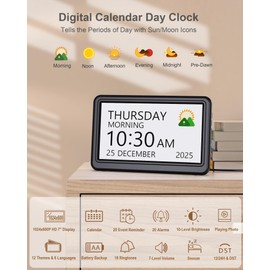 Roxicosly Digital Calendar Alarm Clocks,7" Dementia Clock for Elderly with 20 Custom Alarms 20 Reminders,12 Themes 9 Colors,10 Levels Auto Dimmer,18 Ringtones,Non-Abbreviated Day Date,HD Photo Frame