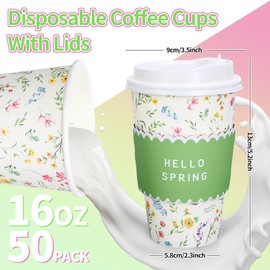 Whaline 50Pcs Floral Disposable Paper Cups with Lids and Sleeves 16Oz Colorful Spring Flower Coffee Cups for Birthday Baby Shower Holiday Table Decor Supplies