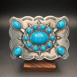 lohkko Women's Cowgirl Silver-Toned Belt Buckle with Turquoise Stones - 3.5" x 2.5"