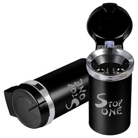 STOP ONE Car Ashtray, Portable Ashtray, CA-541 Auto Ash Tray with Clamshell Lid, LED Light, Mini Car Trash Can, ABS & Tinplate Material, ?Pack of 4?, Black