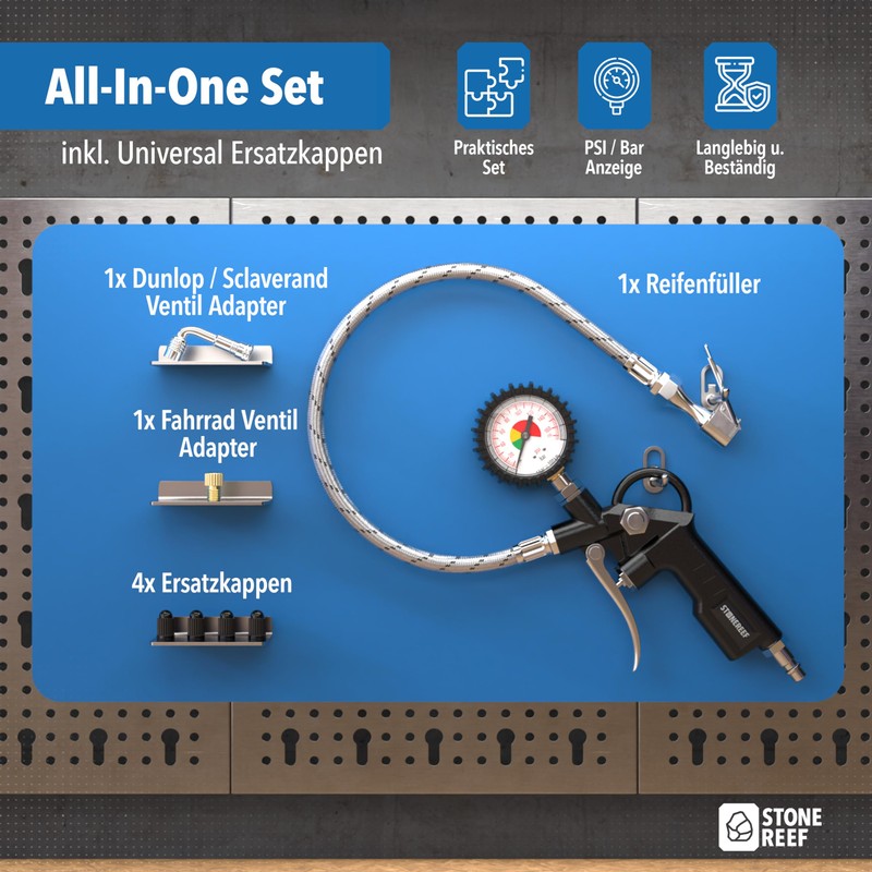 Tyre Inflator with Pressure Gauge [Includes Adapter & Replacement Caps]