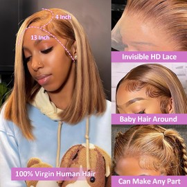 DonsiRol 10 inch Bob Wig Human Hair, 13 * 4 HD Lace Front Wigs, Glueless & Pre Plucked Human Hair Bob Wig with Baby Hair, 180% Density Bob Wigs for Woman (4P27)