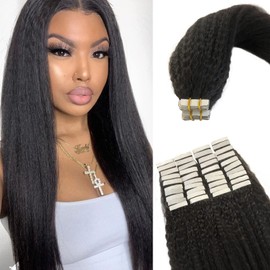 OiMiGO Kinky Straight Tape in Extensions, 100g 40pcs Real Human Hair Extensions Natural Black Human Hair Tape ins Extension 20 Inch Soft Remy Hair Tape Extensions for Black Women Kinky