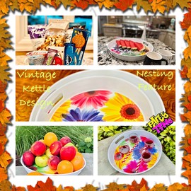 Ramadan & Eid Serving Tray - Round Melamine Decorative Tray for Tea, Drinks, Fruits 13”/15” + Free Serving Spoon (Flower-2pcs/set)