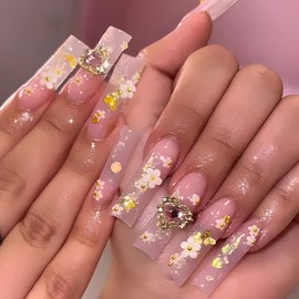 24Pcs 3D Flower Press on Nails Long Square Fake Nails with Gold Pink Heart Rhinestones Design Cute Handmade False Nails Full Cover Artificial Glue on Nails Spring Summer Stick on Nails for Women DIY