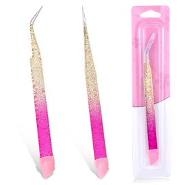 2 Pcs Straight and Curved Tip Tweezers Nail Art Tweezers Double Ended Nail Art Tweezers with Silicone Pressing Head Stainless Steel Tweezers for Eyelash Extensions and Nail Art Sticker Craft