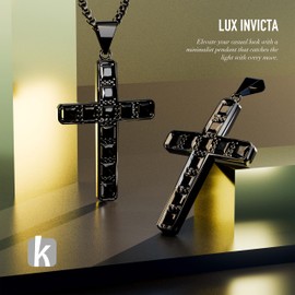 ketryep Gold Cross Necklace for Men 18K Silver Black Plated Iced Out Cubic Zirconia Mens Cross Pendant Stainless Steel Chain Religious Gift for Men (Black)