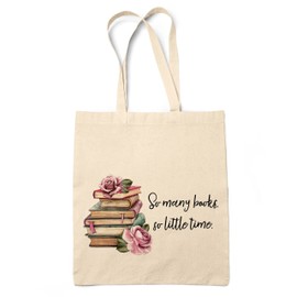 Purple Print House So Many Books So Little Time Tote Bag, Book Lover Gifts For Her Cotton Canvas Shopper Bag, One Size, Natural