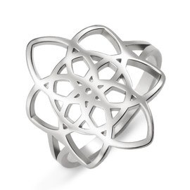 TEAMER Elegant Filigree Flower Ring Stainless Steel Bohemian Flower Of Life Ring Wedding Band Ring Exquisite Jewelry For Women (Silver, 8)