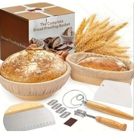 Complete Bread Proofing Basket Set, 9-inch Round and 10-inch Oval Bannetons with Lame, Whisk, Scrapers and Liners (‎Bread Baking Kit)