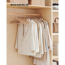 SONGMICS Wooden Hangers, Pack of 36, Coat Hangers, Non-Slip, Pants Bar, 360° Swivel Hooks, for Jackets, Shirts, Coats, Natural Beige UCRW010N36