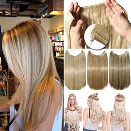 Secret Headband Wire in Natural Hair Extensions Rubber Band Straight Curly Wavy Hairpieces Brown Blonde Ombre for Women 20" Curly - Medium brown