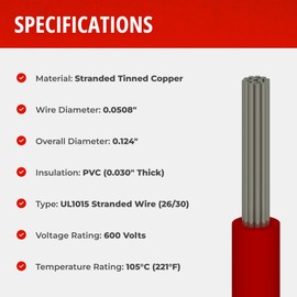 Remington Industries 16UL1015STRRED 16 AWG Gauge Stranded Hook Up Wire, 100 feet Length, Red, 0.0508" Diameter, UL1015, 600 Volts