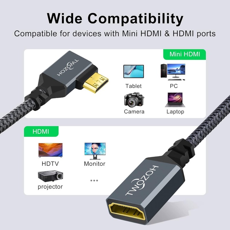 Twozoh 90 Left Angle Mini HDMI to HDMI Adapter Cable