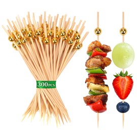 Cnnzdo 【Pack of 300】 Cocktail Picks For Appetizers, Charcuterie & Party - 4.7" Gold Bamboo Skewers, Fancy Toothpicks For Fruit, Drinks, Desserts, Sandwiches (Mini Pearl Food Garnboardish Sticks)