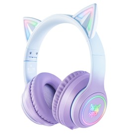 PHNIXGAM Bluetooth Cat Ear Headphones for Kids, Wireless & Wired Mode Foldable Headset with Mic, RGB LED Light, for Girls School Gaming, Compatible with Mobile Phones PC Tablet, Purple