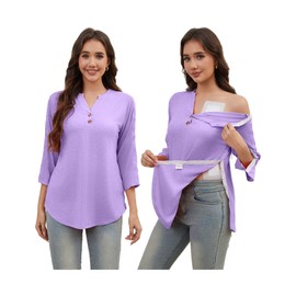Post Shoulder Surgery Shirts for Women Tear Away 3/4 Sleeve Tops After Rotator Cuff Shirts V Neck Chemo Port Adaptive Clothing-Purple-S