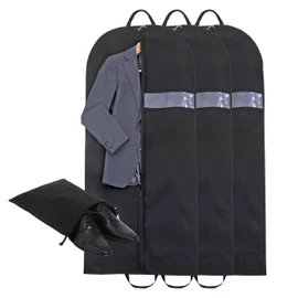 Astro 605-34 Suit Cover, Gusset, Clear Window, Black, Long Size, Set of 3, with Shoe Case, Clothes Cover, Foldable, Portable, Handle, Non-woven Fabric