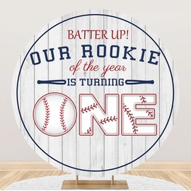 Laeacco 6x6ft Baseball 1st Birthday Round Backdrop Our Rookie of The Year is Turning One Circle Backdrop Kids Boy First Birthday Photo Background Wooden Board Baseball Sports Bday Party Supplies